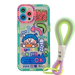 Korea Cute Graffiti label tide Crocodile Case for iphone 14 13 Pro Max 12 11 MiNi XR X XS 7 8 plus SE Soft Cover With Hand Strap