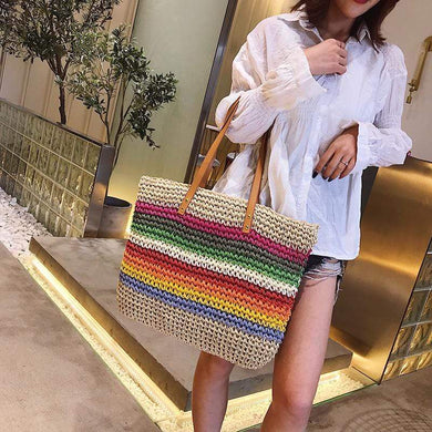 Rainbow color beach bag rattan handmade knitted straw large capacity leather tote