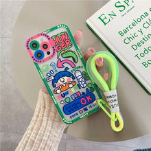 Load image into Gallery viewer, Korea Cute Graffiti label tide Crocodile Case for iphone 14 13 Pro Max 12 11 MiNi XR X XS 7 8 plus SE Soft Cover With Hand Strap