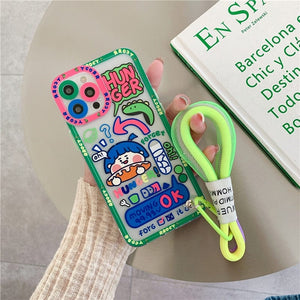 KedStore for iphone 7 / A Korea Cute Graffiti label tide Crocodile Case for iphone 14 13 Pro Max 12 11 MiNi XR X XS 7 8 plus SE Soft Cover With Hand Strap