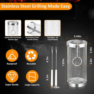 Grill Basket BBQ Grill Basket Rolling Grilling Basket Stainless Steel Grill Mesh Useful Barbeque Grill Accessories