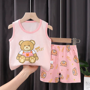 The KedStore ST 14 / 9M 2PCS Children Clothing Vest Suit Children's Sets Summer Cotton T-Shirts Shorts Boys Girls Sleeveless Kids Clothes