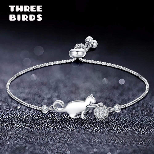 Zirconia Crystal Silver Cat and Ball Luxury Charm Adjustable Bracelet