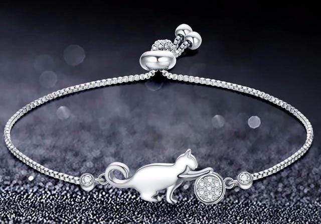 Zirconia Crystal Silver Cat and Ball Luxury Charm Adjustable Bracelet