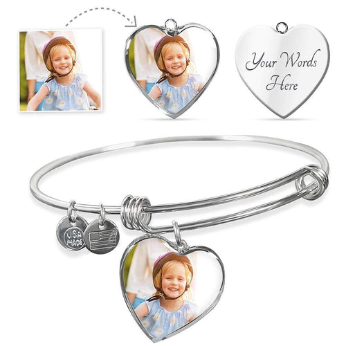 Heart Pendant - Adjustable Bangle - Add your Photo and Message