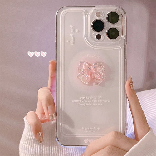 For iphone 11 12 13 Mini 14 Pro Max Sweet Transparent Crystal Bow Tie Silicone Anti-drop Shell