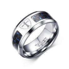 Load image into Gallery viewer, The KedStore 7 / Cross Shield Carbon Fiber Ring - Engraved Tree Of Life Stainless Steel - 8mm. Anillo de fibra de carbono