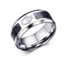 Load image into Gallery viewer, The KedStore 7 / Jesus Fish 8mm Carbon Fiber Ring Engraved Tree Of Life Stainless Steel.  Anillo de fibra de carbono