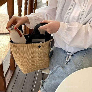 The KedStore black large capacity rattan beach straw wicker bag fabric handle tote