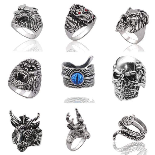 Gothic Punk Stainless Steel Ring Retro Rabbit Snake Tiger Wolf Rings Skeleton Devil Evil Eye Ring