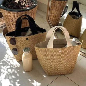 large capacity rattan beach straw wicker bag fabric handle tote