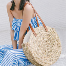 Load image into Gallery viewer, Moroccan Palm Basket Hand Woven Round Straw Bag Oval Beach Bag Circle Handbag. bolso de ratán