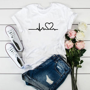 The KedStore P2665-9 / XS Summer New 90 ’s Leopard Heartbeat Short Sleeve Printed T-Shirt Harajuku Graphics