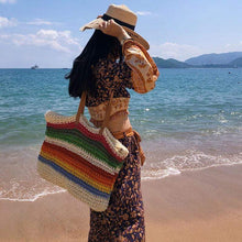 Load image into Gallery viewer, Rainbow color beach bag rattan handmade knitted straw large capacity leather tote