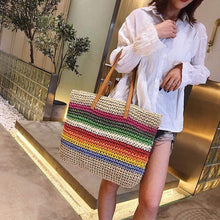Load image into Gallery viewer, Rainbow color beach bag rattan handmade knitted straw large capacity leather tote
