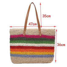 Load image into Gallery viewer, Rainbow color beach bag rattan handmade knitted straw large capacity leather tote