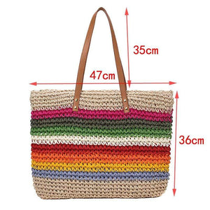 Rainbow color beach bag rattan handmade knitted straw large capacity leather tote