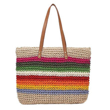 Load image into Gallery viewer, Rainbow color beach bag rattan handmade knitted straw large capacity leather tote