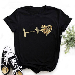 The KedStore Summer New 90 ’s Leopard Heartbeat Short Sleeve Printed T-Shirt Harajuku Graphics